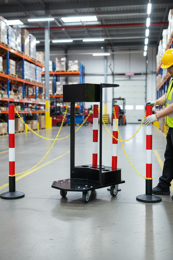 Premium Post & Chain Barrier Trolley with Wheels for Easy Mobility and Ample Storage Space