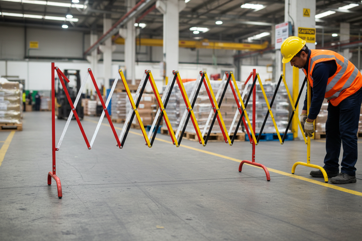 Premium Expanding Barrier with Feet - 2.5m Length for Fast Securing of Danger Spots, Red Signal Color, Space-Saving Storage