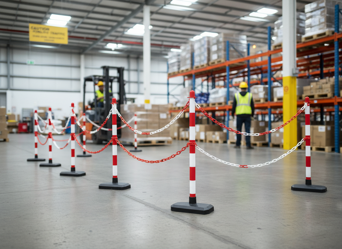 Premium Economy Post & Chain Barrier Kit with 16 Posts and 25m Plastic Chain for Crowd Control and Safety
