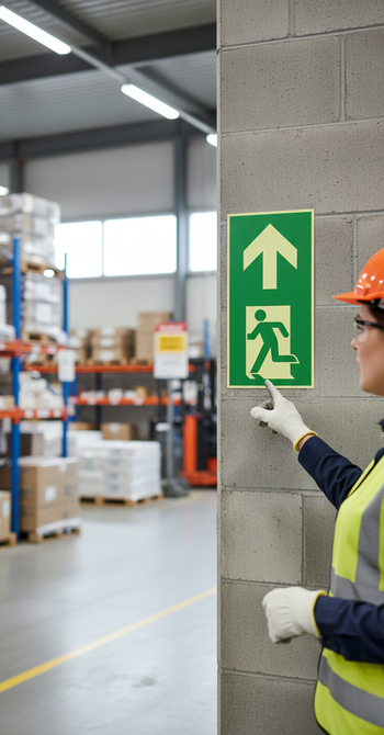 Premium Vertical Emergency Exit Sign in Aluminum with Glow-in-the-Dark Finish, Compliant with ISO 7010 Standards