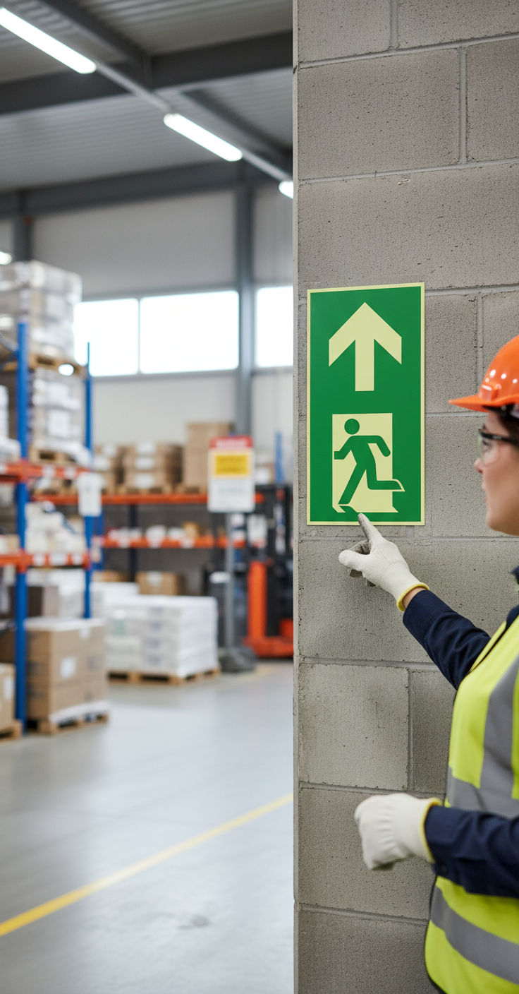 Premium Vertical Emergency Exit Sign in Aluminum with Glow-in-the-Dark Finish, Compliant with ISO 7010 Standards