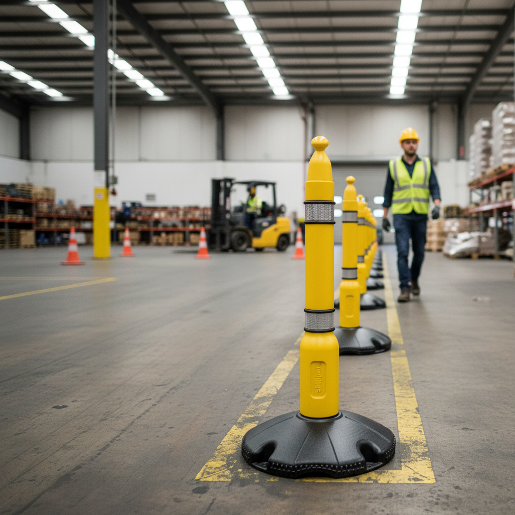 Professional Barrier Post and Base System with Reflective Strips for Enhanced Safety and Visibility - side view | Barriers Co