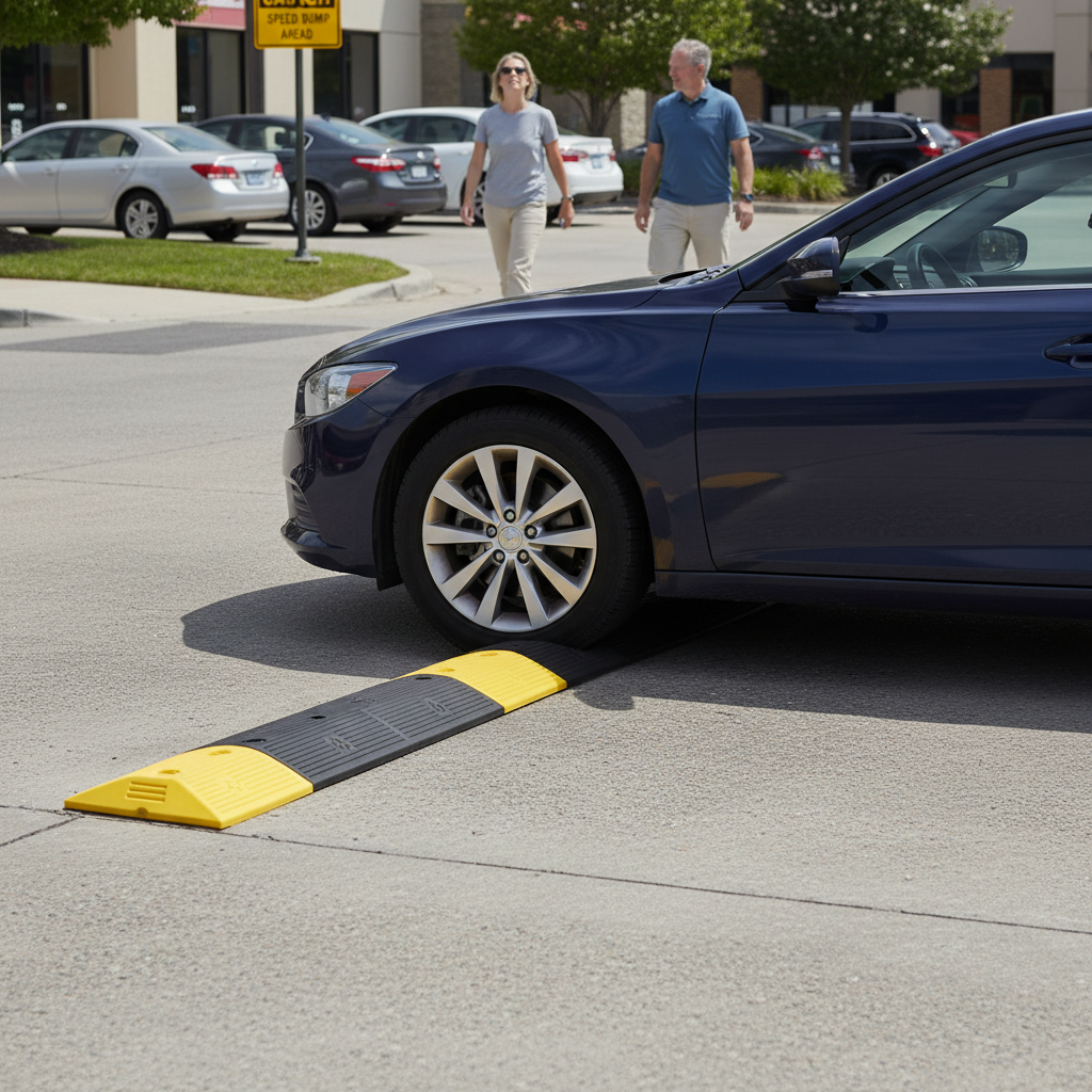 Professional Speed Bump End Section - Heavy Duty Yellow Ramp with Tyre Tread Pattern for Enhanced Traction