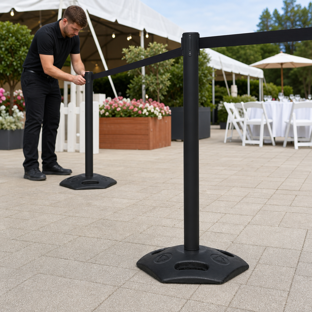 WeatherMaster 250 Outdoor Belt Barrier System 3.4m x 50mm with Rubber Base for Outdoor Events