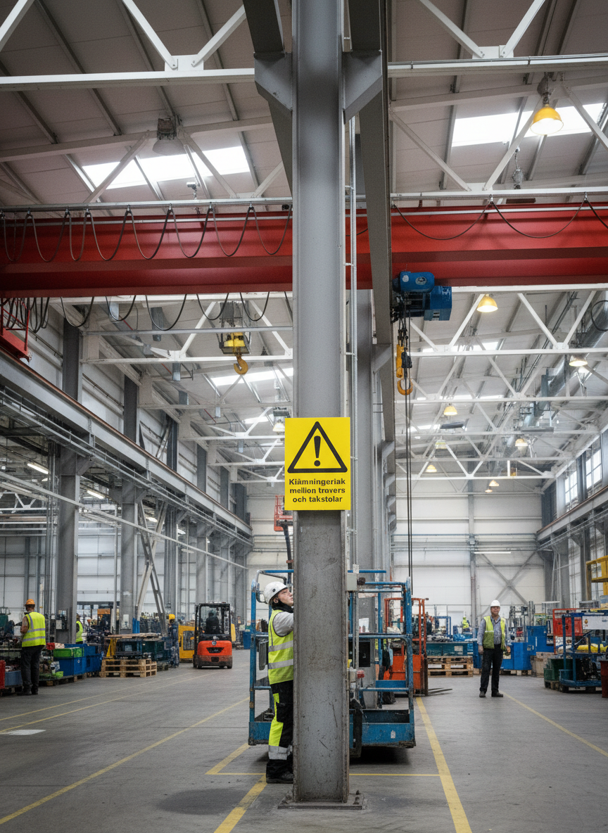 Premium Warning Sign for Pinch Risk Between Crane and Roof Beams - Durable Materials and Multiple Sizes for Safety Compliance