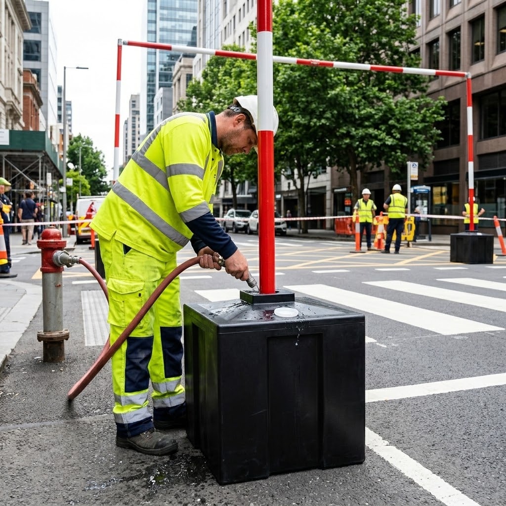 Water Filled Goal Post Base for Overhead Cable Systems