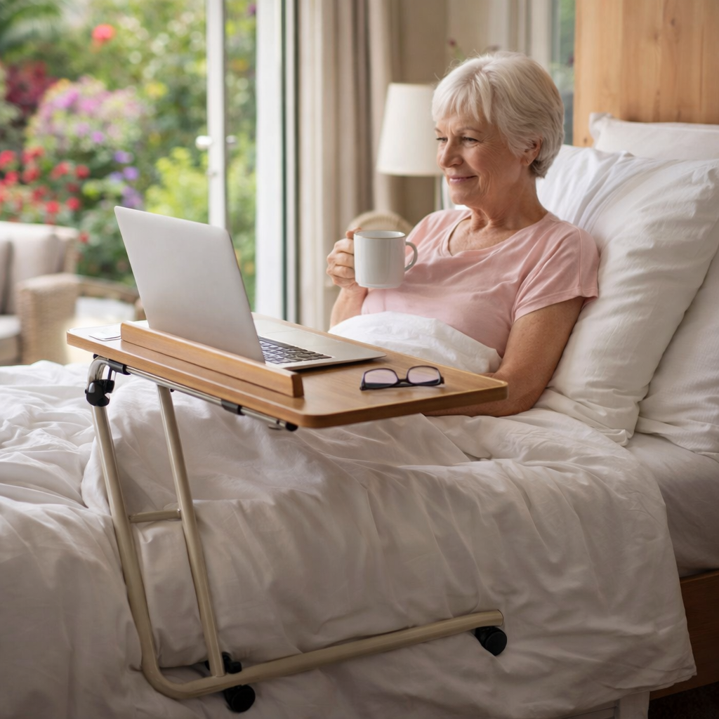 Adjustable Over Bed Table – White – Steel Frame – Indoor Use