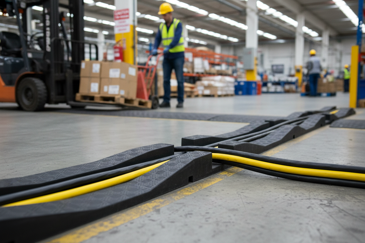 Premium Cable Protection Ramp for Electric Cables and Hoses - 500mm Long, Durable Vulcanised Rubber with Reflective Tape
