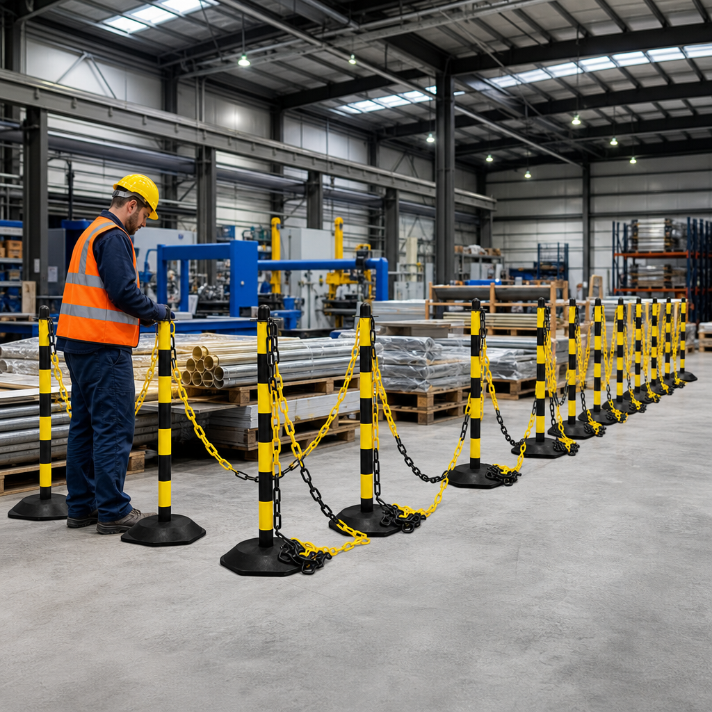 Post and Chain Barrier Kit with 16 Posts and 25m Chain for Temporary Fencing