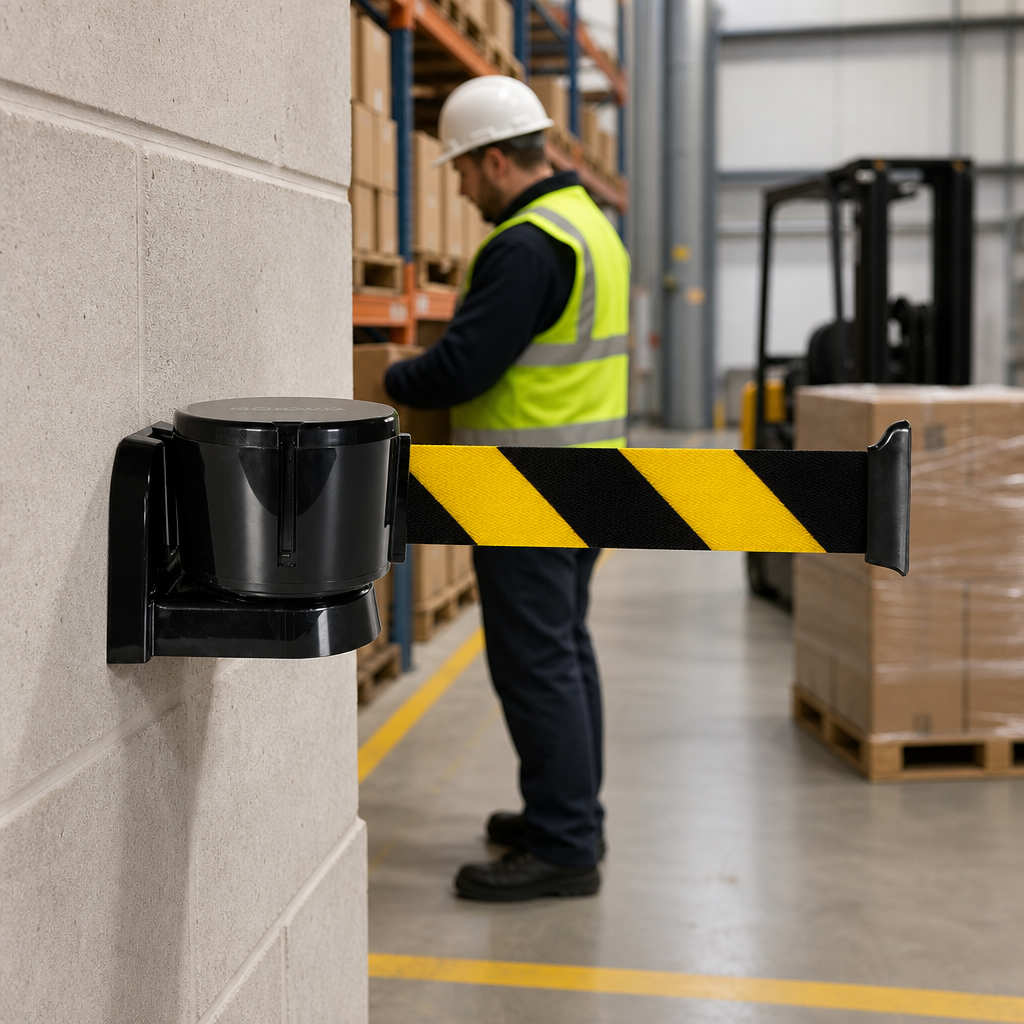 Magnetic Wall Mounted Belt Barrier 3m - Black ABS for Warehouses