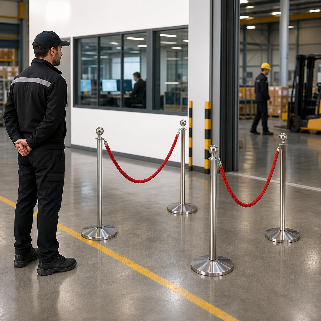 Silver Rope Barrier Set with Red Ropes for Event Management (Pack of 4)