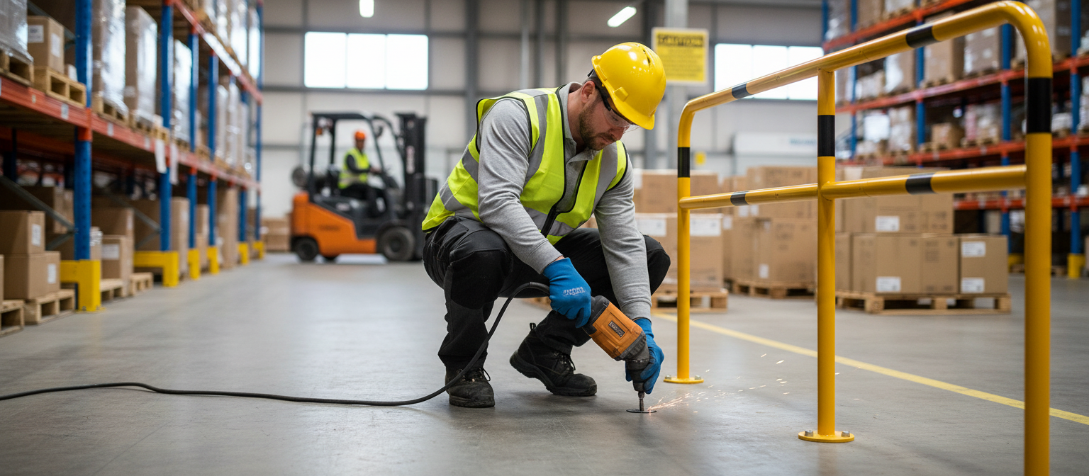 Premium Modular Protective Railing System - Steel Tube Ø 48 mm with High Visibility Yellow Powder Coating and Black Stripes for Versatile Use
