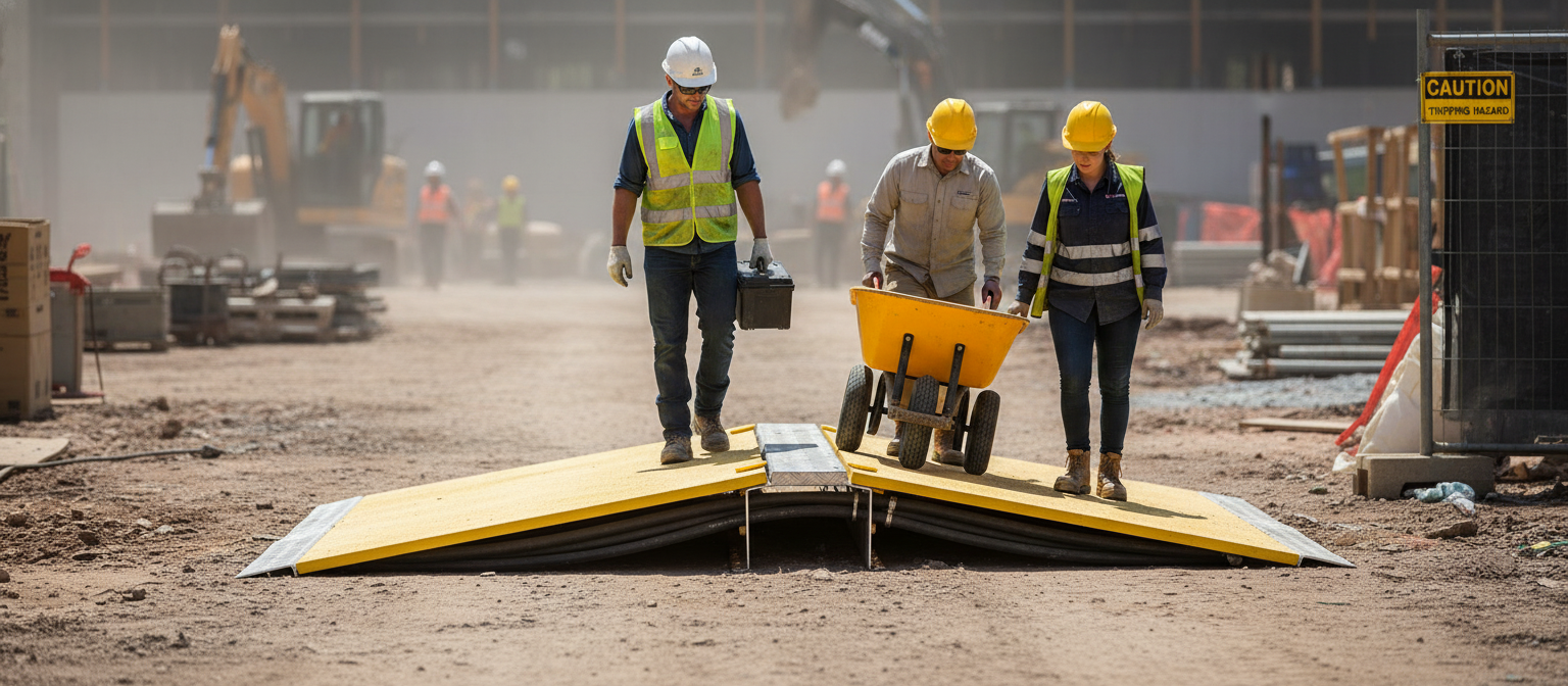 Heavy Duty Pedestrian Hose & Cable Ramp - Modular, Anti-Slip, Accommodates 200 mm Cables, Quick Assembly