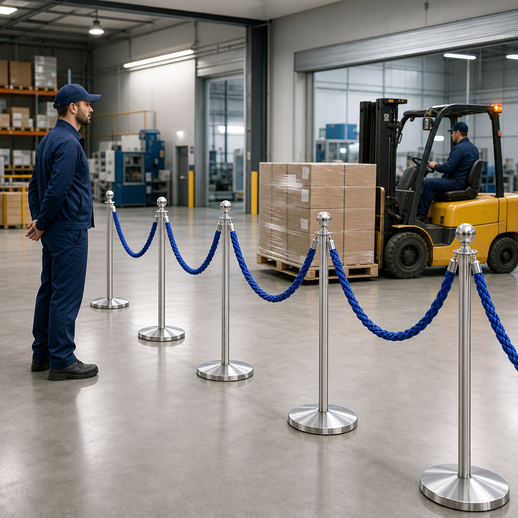 Silver Rope Barrier Set with Blue Ropes for Event Management (Pack of 8)