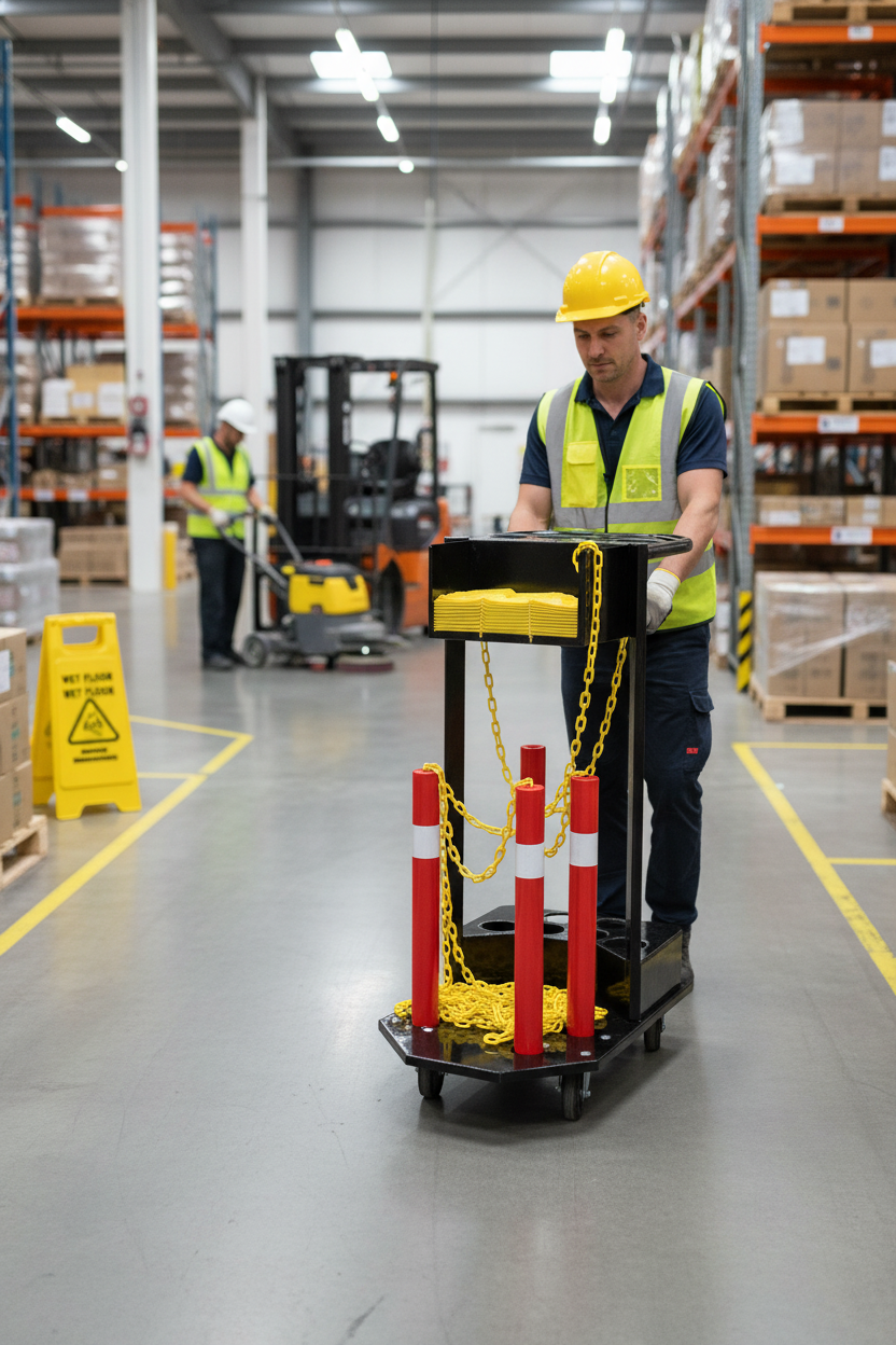 Premium Post & Chain Barrier Trolley with Wheels for Easy Mobility and Ample Storage Space