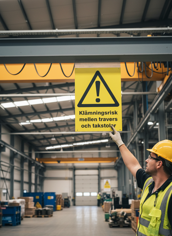 Premium Warning Sign for Pinch Risk Between Crane and Roof Beams - Durable Materials and Multiple Sizes for Safety Compliance