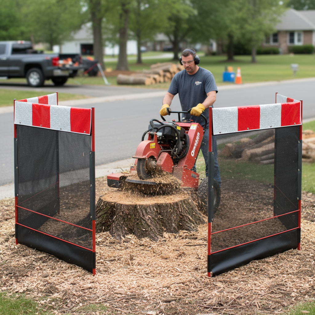 Premium Folding Debris Guard with Mesh Panels for Stump Grinding Safety and Visibility | Barriers Co
