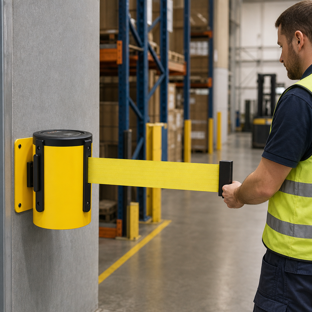Wall-Mounted Steel Belt Barrier System 6.1m - 10.6m for Warehouses