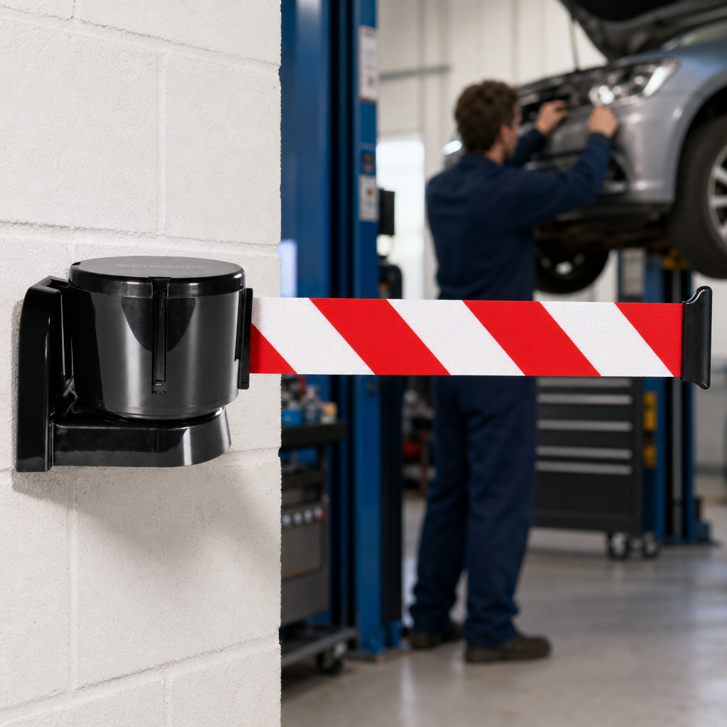 Wall Mounted Belt Barrier with ABS Plastic Housing for Workshops & Garages