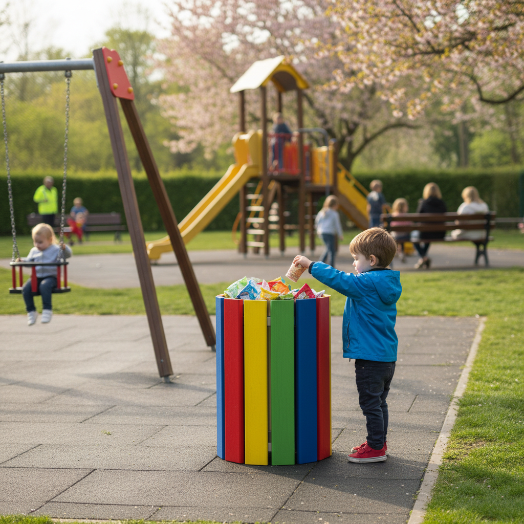 Premium Children's Litter Bin 40L with Open-Top Design and Sustainable Hardwood Construction... - side view | Barriers Co