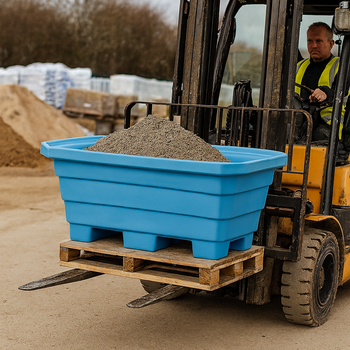 300L Heavy-Duty Blue Mortar Tub with Forklift Access – Ribbed Walls & Twin-Skin Base for Site Waste & Mixing
