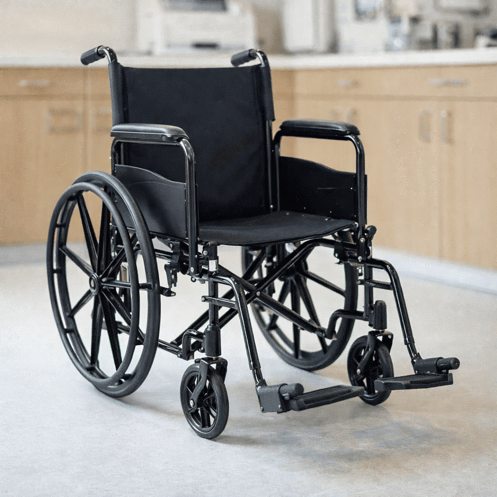 Steel Wheelchair – White – 115kg Capacity – Indoor & Outdoor Use