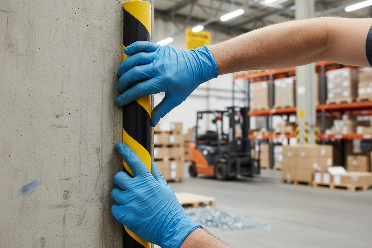 Premium Corner Protection Profile with Self-Adhesive Backing for Impact Safety in Industrial Environments - High-Visibility Yellow/Black Design