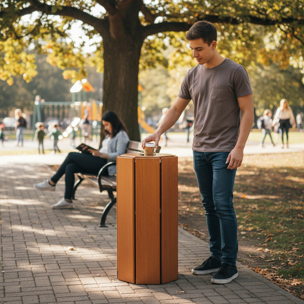Premium Octagonal Litter Bin 100L - Durable Wood Design with Galvanized Steel Structure - side view | Barriers Co