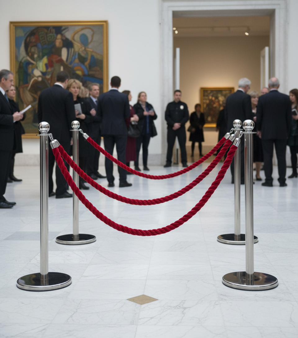 Premium Post & Rope Barrier with Flat Base in Brass or Chrome Finish for Versatile Indoor Use