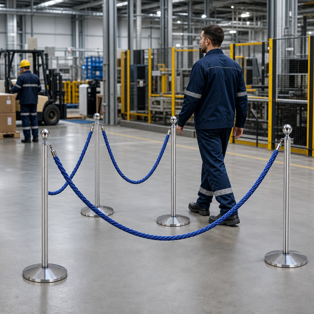 Silver Rope Barrier Set with Blue Ropes for Event Management (Pack of 6)