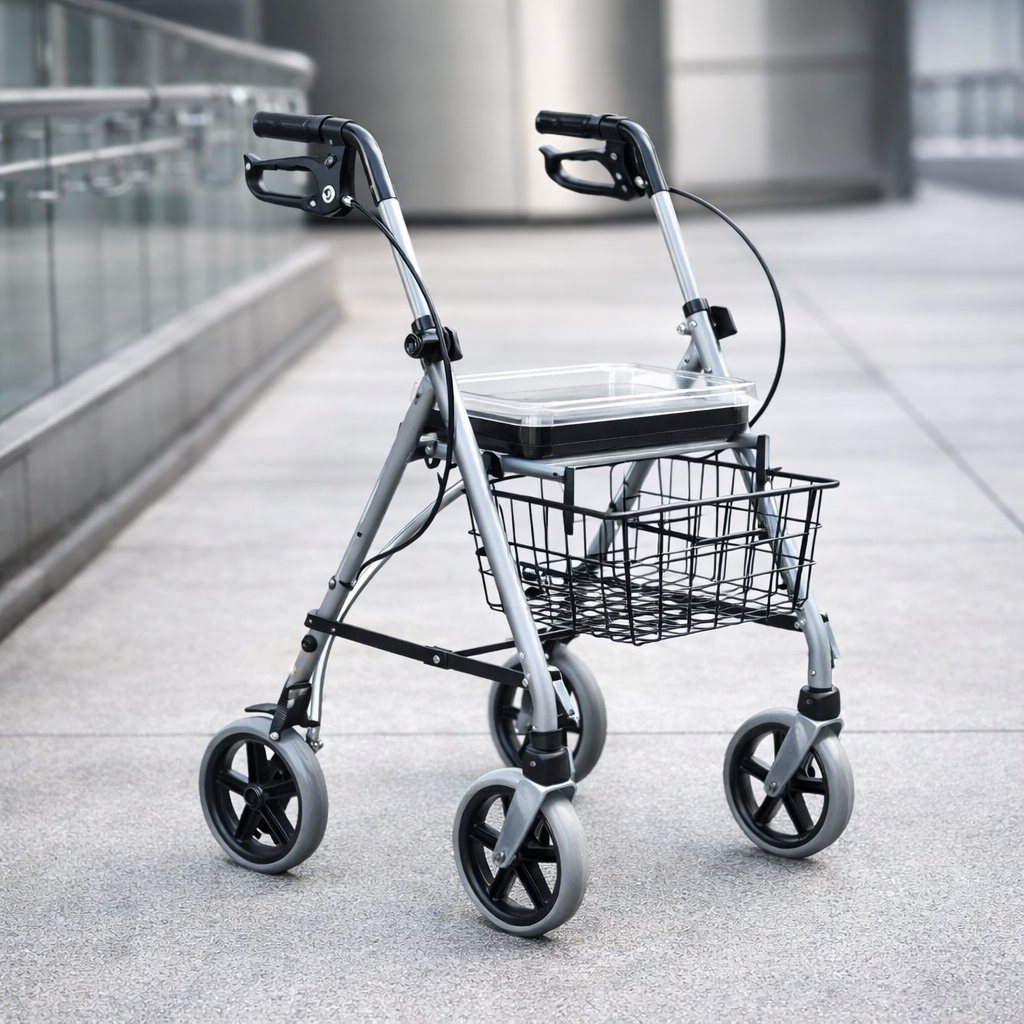 Steel Folding Rollator – White – Adjustable Handle – Mobility Aid