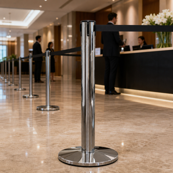 QueuePro 400 Belt Barrier System with Polished Stainless Post for Event Spaces