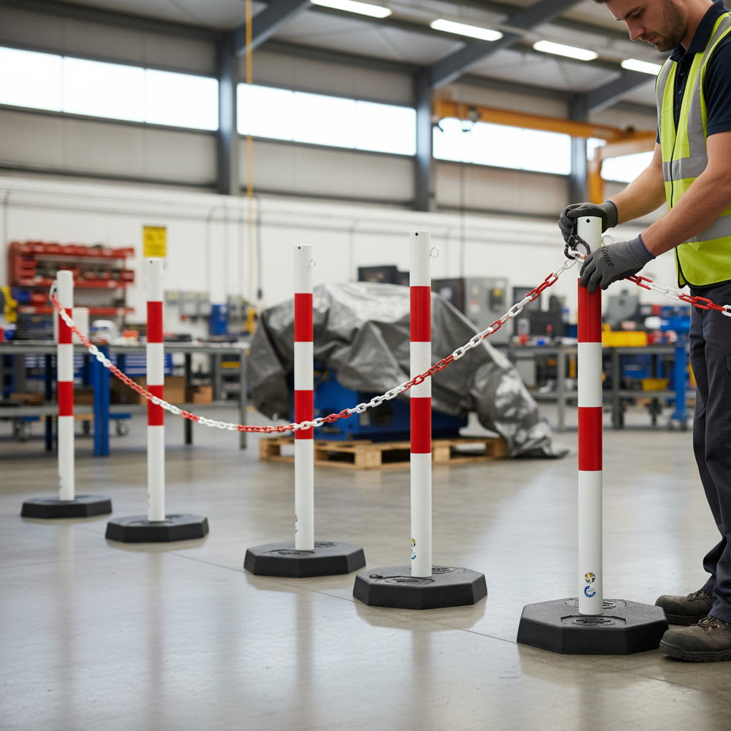 Professional Steel Post and Chain Barrier Set - Includes 6 Durable 1000mm Posts and 25m Red/White Plastic Chain for Safety and Guidance
