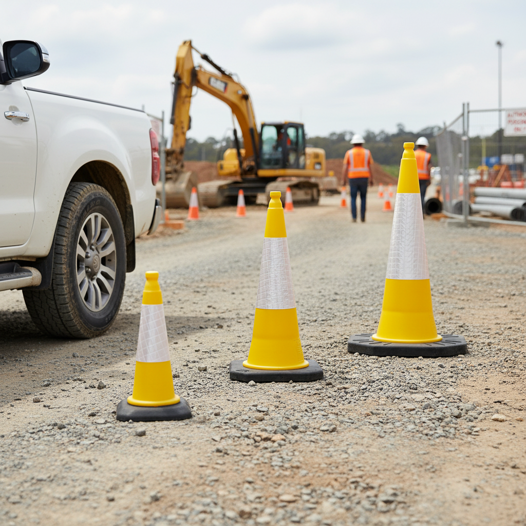 Premium Yellow Traffic Cones 500mm, 750mm, 1000mm - Heavy Duty Road Safety Markers with High... - side view | Barriers Co