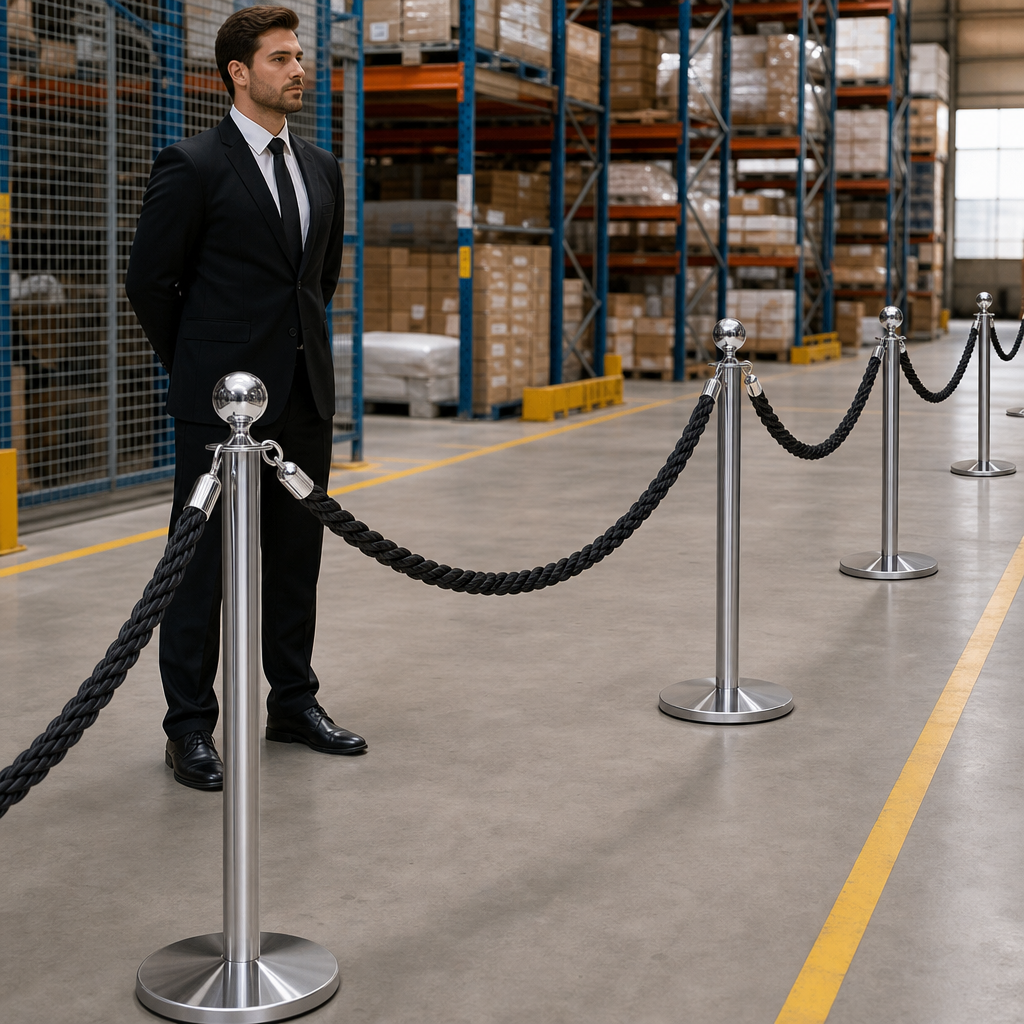 Silver Rope Barrier Set with Black Ropes for Event Management (Pack of 6)