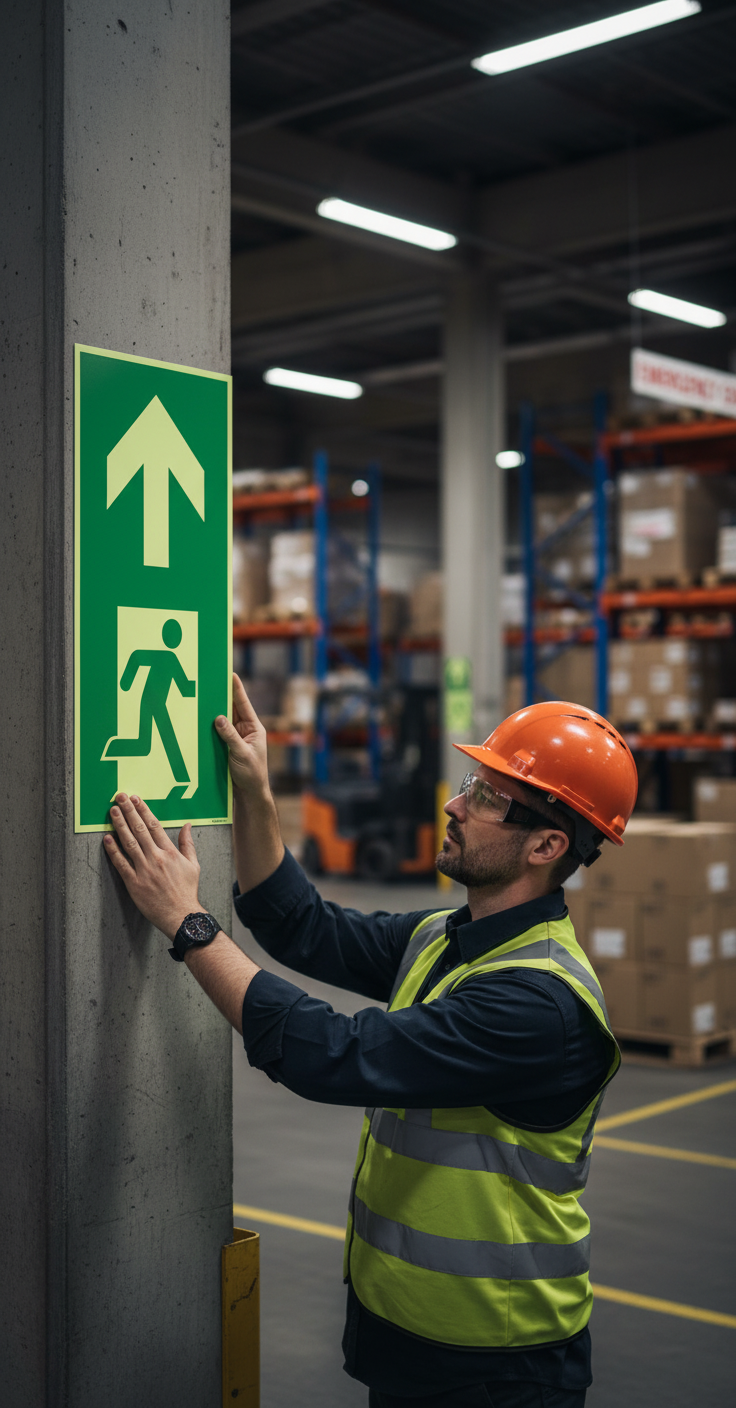 Professional Vertical Emergency Exit Sign in Aluminum with Glow-in-the-Dark Coating, Compliant with ISO 7010 Standards