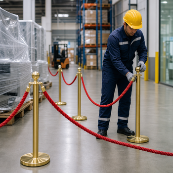 Brass Rope Barrier Set with Red Ropes for Event Management (Pack of 10)