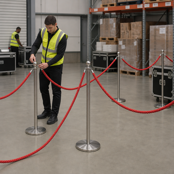 Silver Rope Barrier Set with Red Ropes for Event Management (Pack of 10)
