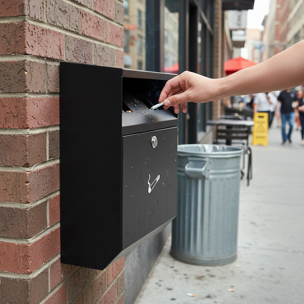 Premium Square Wall Mounted Ashtray Bin - High-Capacity Steel Design for Indoor and Outdoor Use - side view | Barriers Co