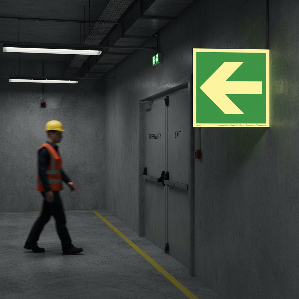 Premium Directional Sign with Rotating Arrow, High-Performance Photoluminescent Coating, Aluminum Construction, Available in Multiple Sizes