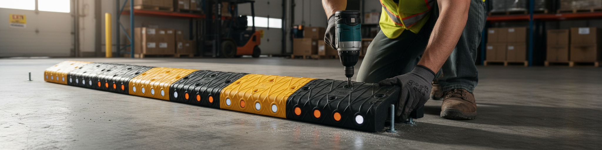 Heavy Duty Modular Speed Bump System - 50 mm Height with Integrated Reflectors for Traffic Calming and Pedestrian Safety