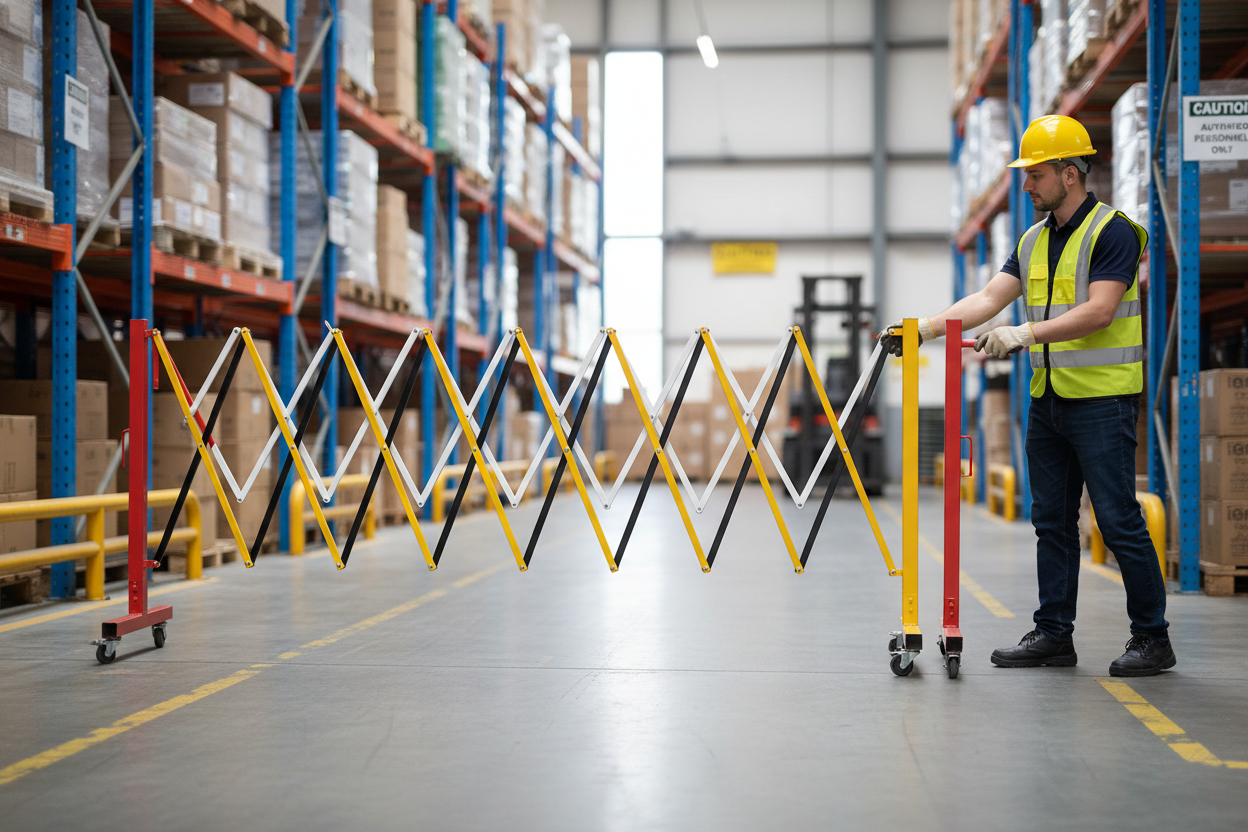 Premium Expanding Barrier Gate on Wheels - Flexible and High Visibility with Easy Connection for Temporary Use in Warehouses and Shops