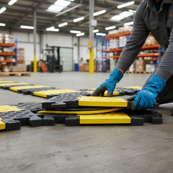 Premium 3 Channel Traffic-Line Cable Protector Ramp for Heavy-Duty Vehicle Use with Hinged Lid and Anti-Slip Features