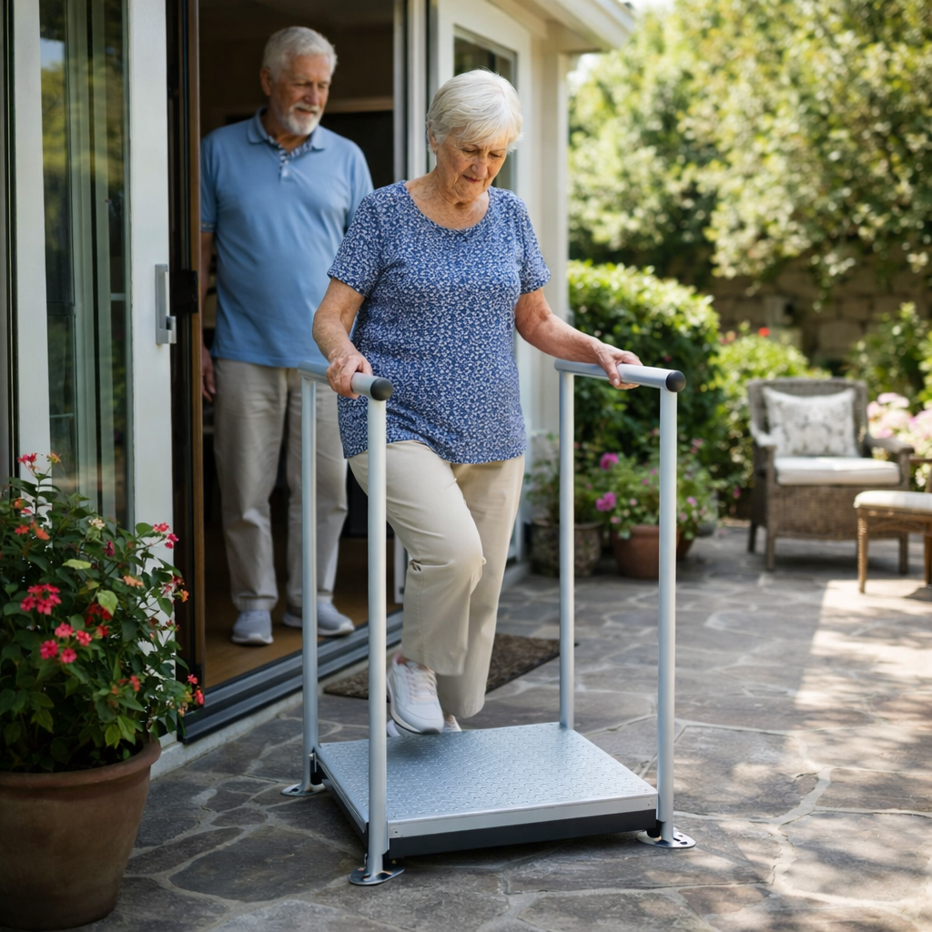 Adjustable Mobility Step – White – 460kg Capacity – With Handrails