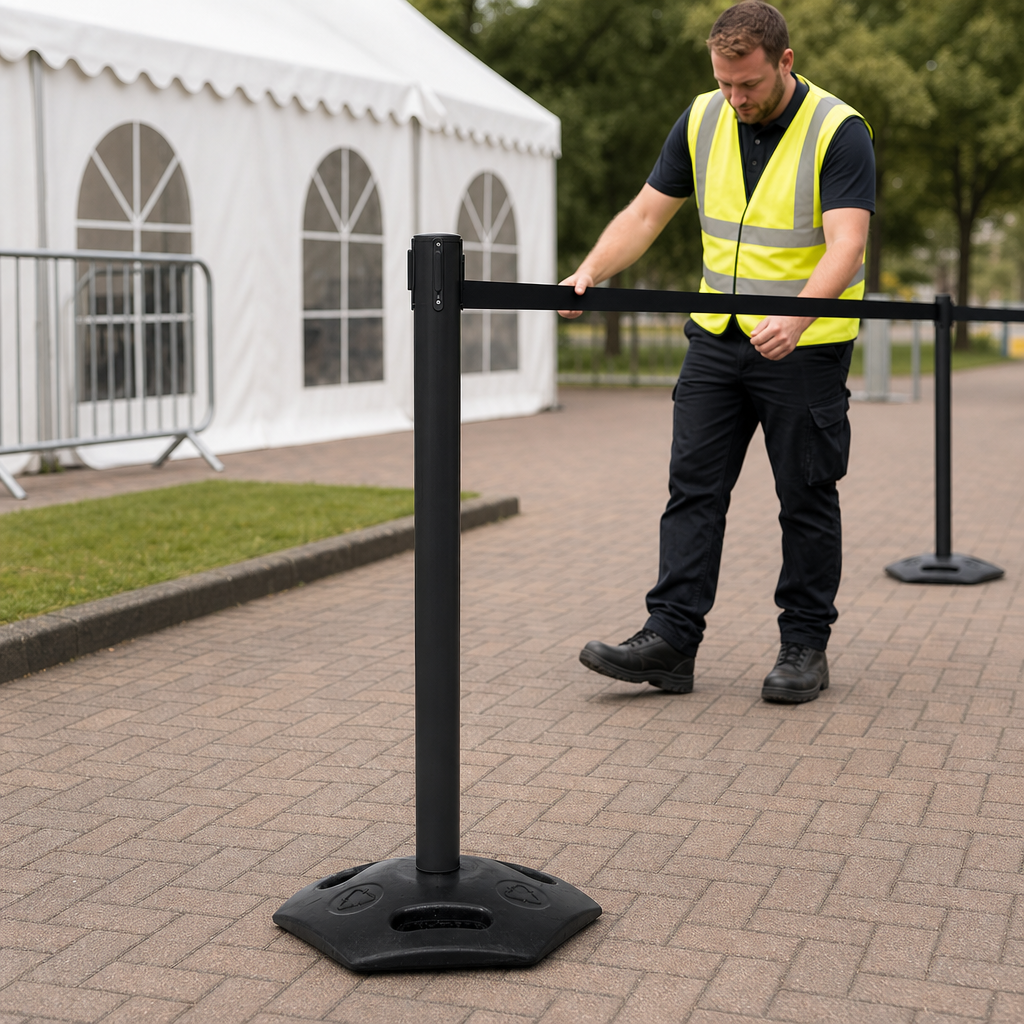 Outdoor Belt Barrier System with Durable Rubber Base 4.9m x 50mm for Events & Work Zones