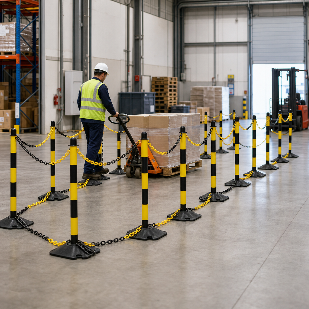 Post and Chain Barrier Kit with 16 Posts and 25m Chain for Temporary Fencing