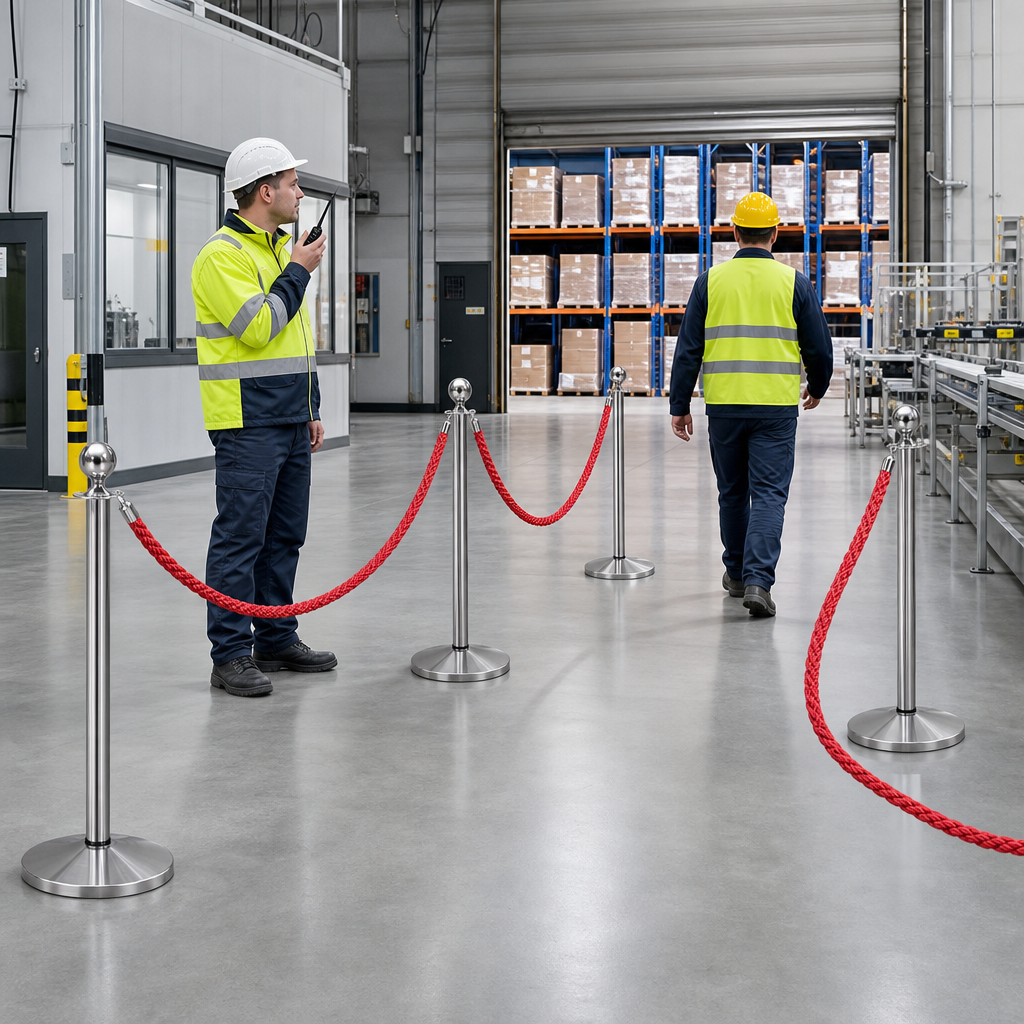 Silver Rope Barrier Set with Red Ropes for Event Management (Pack of 4)
