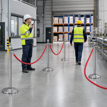 Silver Rope Barrier Set with Red Ropes for Event Management (Pack of 4)