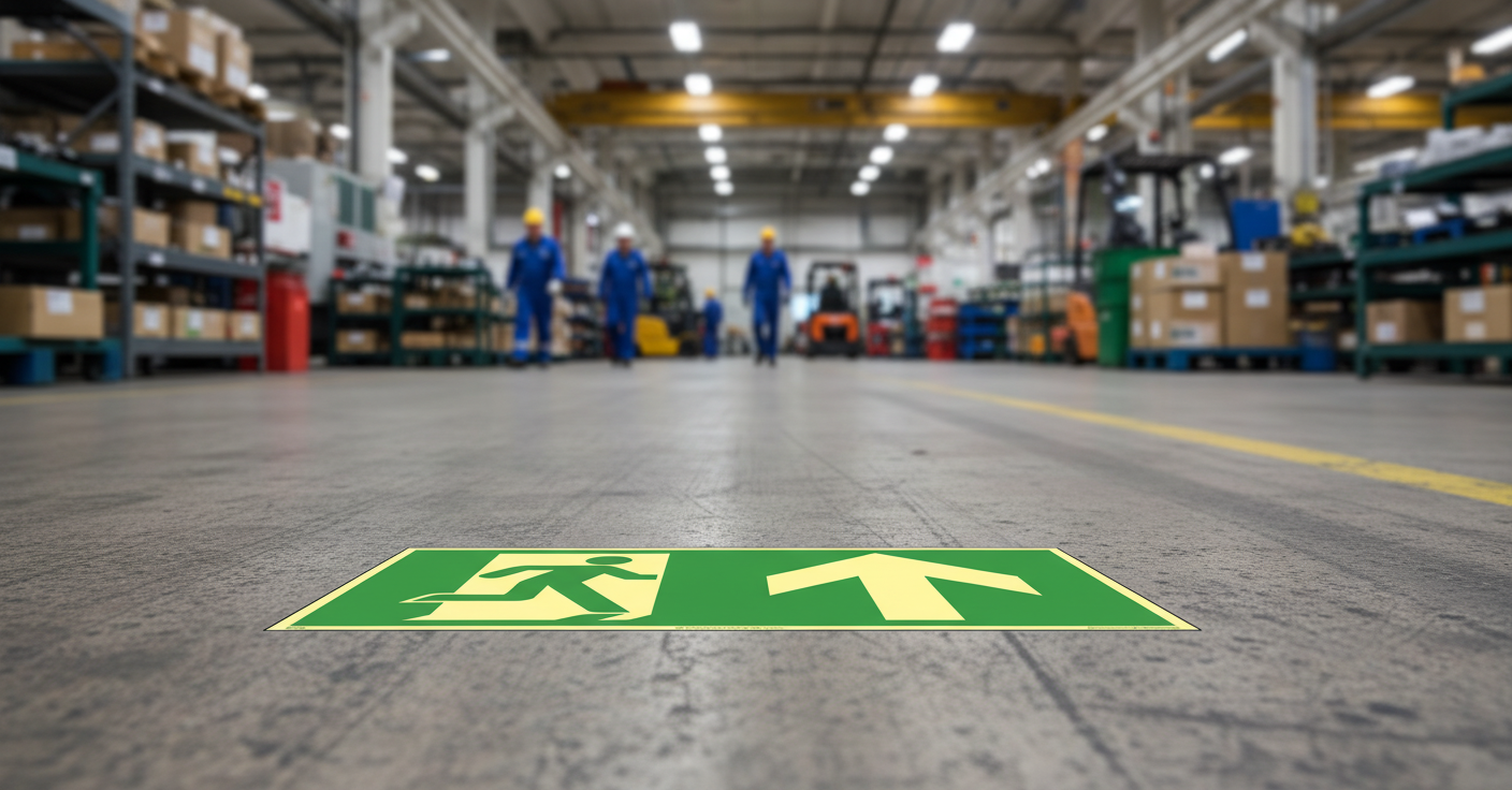 Premium Self-Adhesive Floor Sign for Emergency Exit Straight Ahead - Durable Aluminum with Glow-in-the-Dark Coating and Compliance with ISO 7010 Standards