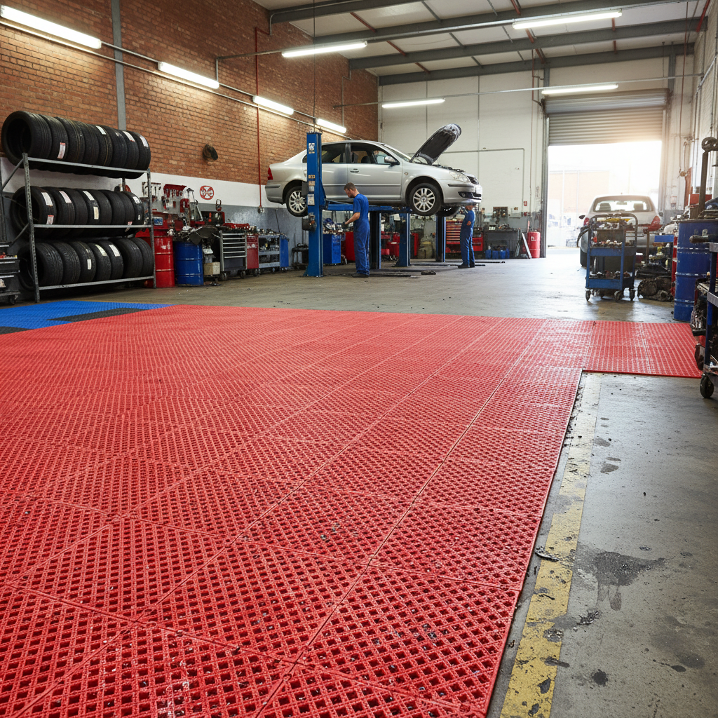PVC Anti-Slip Matting - Red - Car Workshop Garage Use Case